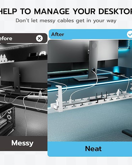 ARES WING 17"-28.7" Extendable Under Desk Cable Management Tray with Cable Slots, Clamp On Cord Organizer Holds Up to 11 lbs, White Metal Under Desk Storage for Office and Gaming Accessories
