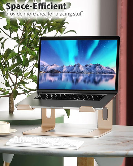 SOUNDANCE Laptop Stand, Aluminum Computer Riser, Ergonomic Laptops Elevator for Desk, Metal Holder Compatible with 10 to 15.6 Inches Notebook Computer, Gold