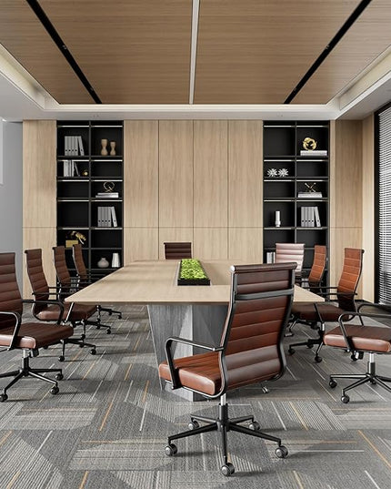 Okeysen Genuine Leather Office Desk Chair, Mid-Century Modern Real Leather Conference Room Chairs, Ergonomic Executive Ribbed Height Adjustable Swivel Rolling Chair for Home Office.