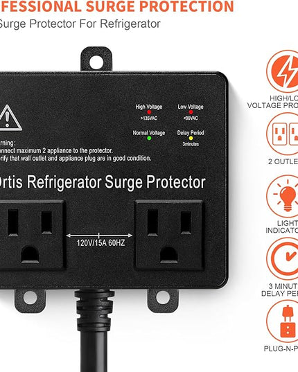 Refrigerator Surge Protector, Ortis Double Outlet Voltage Protector for Home Appliances TV Washer with Time Delay, Protects Against Brownout, Spike, Instant Surge All Voltage Abnormalities