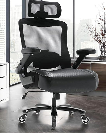 Big and Tall Office Chair 600lbs with 3D Flip Arms Adjustable Headrest - Heavy Duty Large Wheels Executive Computer Desk Chair, Ergonomic Lumbar Support Mesh High Back Plus Size Chair for Adults