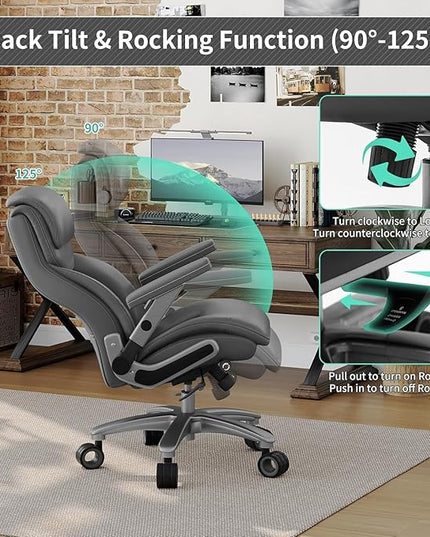 Big and Tall Office Chair with 5D Arms, 600lbs Heavy Duty Desk Chair with Adjustable Lumbar Support, PU Leather High Back Ergonomic Executive Computer Chair with 3'' Silent Casters