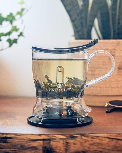 GROSCHE Aberdeen Tea Infuser Teapot & Smart Tea Maker - BPA-Free, Drip-Free Design | Coaster | Easy Brew | Easy Clean Steeper | Loose Leaf Brewing - Stylish Design | 17.7 oz - 525 ml - Black