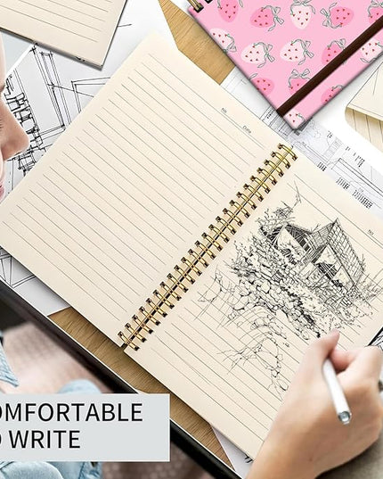 Spiral Journal Notebook, A5 Cute Notebooks for Women Men, College Ruled Hardcover Notebook for Work & Note Taking, 60 Pages Double-Wire Journals for Writing, Pink Cute Strawberry
