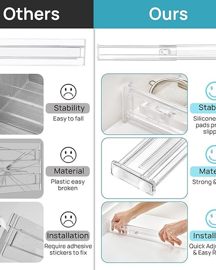 Vtopmart 4 Pack 2.36" Short Upgrade Drawer Dividers for Kitchen Drawer, 12.8"-22.3" Expandable Kitchen Drawer Organizer, Clear Plastic Organizer Separator for Flatware, Utensil, Cutlery, Underwear