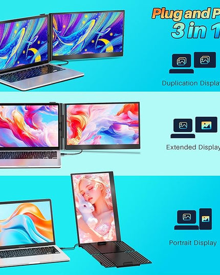 14" Laptop Screen Extender Ultra-Thin, Lightweight Portable Dual Laptop Monitor Extender with Speaker, FHD 1080P Travel Display, Plug & Play, HDMI/USB-A/Type-C for Laptops, Works with Win/Mac/Android