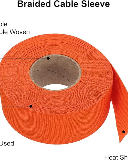 MECCANIXITY Braided Cable Sleeves Heat Shrinkable Fabric Sleeving, 1 3/8" 40ft Orange 2:1 Ratio Heat Shrinkable Cord Protector for Harness Cable, Network Cable Protection, Cable Management