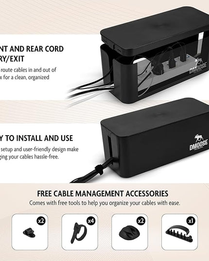 DMoose Cable Management Box - 2 Pack Medium & Large Cord Organizer for Desk & Floor, Cable Organizer Box for Child & Pet - Cable Box Hider for Tidy Office & Home, Power Strip Cover (Black - Pack of 2)