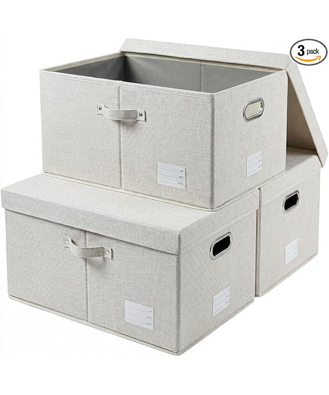 PRANDOM Storage Bins with Lids [3-Pack] Linen Fabric Foldable Storage Boxes Organizer Containers Baskets Cube with Cover Beige (23.4X15.9X11.4)