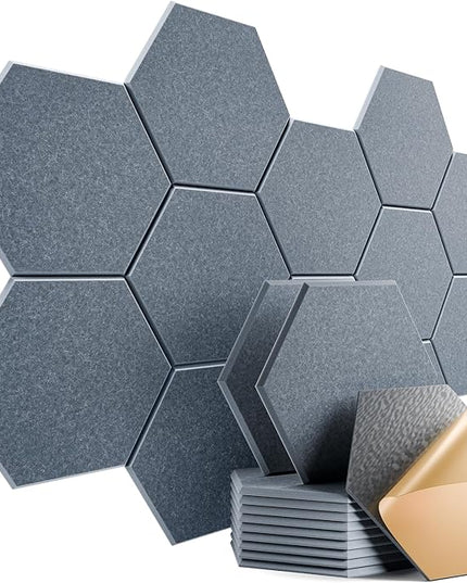 12 Pack Self-Adhesive Acoustic Panels 12" X 10" X 0.4" - Sound Proof Foam Wall Panels with High Density, Hexagonal Design, Flame Resistant, Absorb Noise and Eliminate Echoes(Gray)
