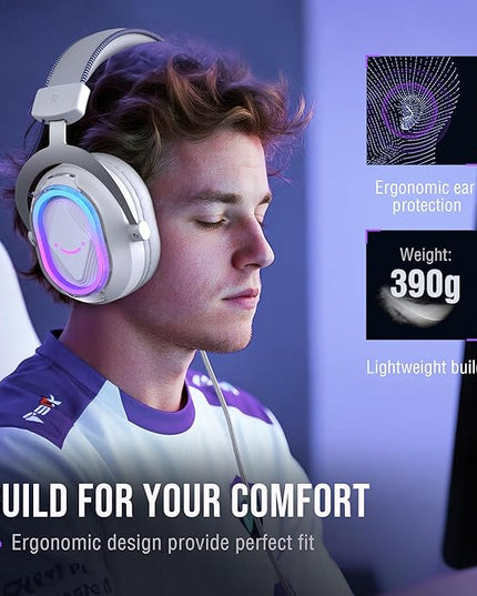 FIFINE USB Gaming Headset: Flowing RGB Lighting - 7.1 Surround Sound - Detachable Mic - Soft Ear Pads, Over-Ear Headset with Control Box, for PC, Laptop, Mac, PS5/PS4 - AmpliGame H13WP (White&Purple)