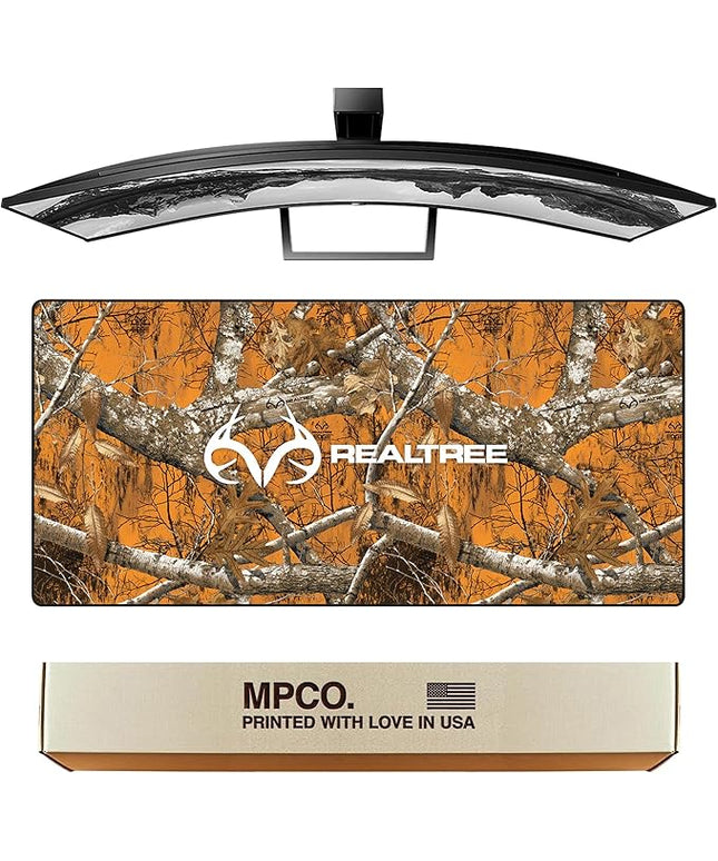 MPCO. Real Tree Large Gaming Desk Pad - 36" x 17" Duraglyde Fabric Edge Orange – with Logo Desk Mats - Non-Slip, Washable, Smooth Glide for Precision Gaming & Work