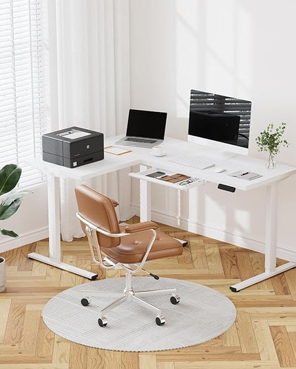SANODESK L Shaped Electric Standing Desk with Drawer, 63 Inch Ergonomic Adjustable Height Desk with Storage, Corner Desk Sit Stand up Computer Table for Work Office Home, White