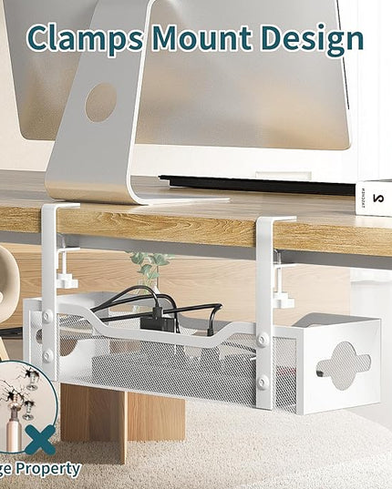 Under Desk Cable Management Tray No Drill, 13.38'' Metal Tray with Clamp for Wire Management, Litwaro Cord Organizer Home Office Damage to Standing Desk, White
