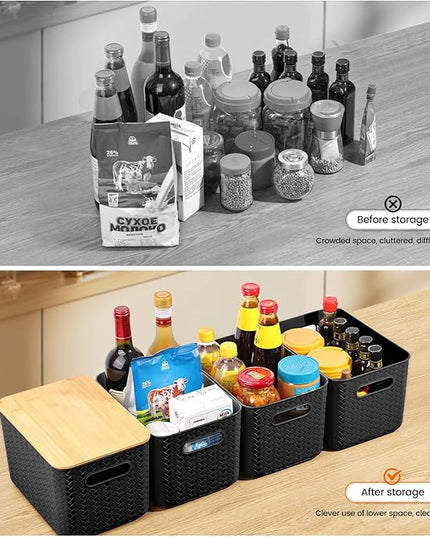 4 Packs Storage Bins with Bamboo Lids - Plastic Storage Containers with Lids Stackable Storage Box: Storages Baskets for Organizing Desktop Closet Playroom Classroom Office, Black