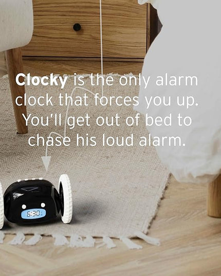 CLOCKY Extra Loud Alarm Clock for Heavy Sleepers on Wheels Rolls Runs Away Vibrating, Easy to Set Super Smart Snooze Digital Bed Shaker Alarm Clock Funny Gift for Adults Kids Teens Bedrooms (Black)