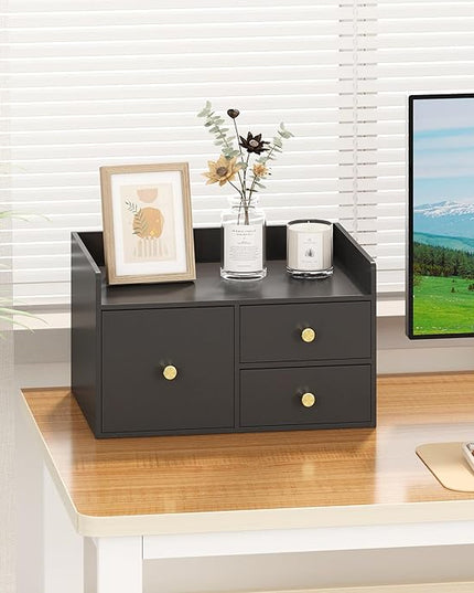 Bamboo Desk Organizer with Drawers Wooden Desktop Storage Drawers for Bills Office Supplies Kitchen Utensils Organizing Tool for Home Classroom Organization No Assembly (3 Drawer, Black)