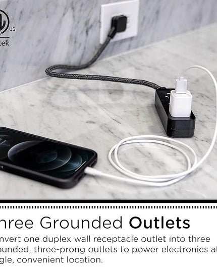 Cordinate Designer Mini 3-Outlet Power Strip, 18 in Braided Extension Cord, Grounded Adapter, Low-Profile Flat Plug, ETL Listed, Black/Dark Heather, 47298