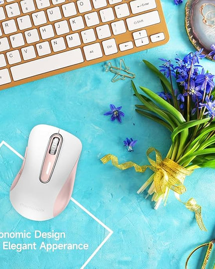 memzuoix 2.4G Wireless Mouse, 1400 DPI Computer Mice with USB Receiver, Portable Wireless USB Mouse Battery Powered Cordless Mice for Laptop, PC, Desktop, 5 Buttons (White Pink)