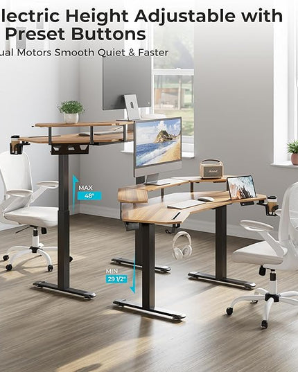 EUREKA ERGONOMIC Standing Gaming Desk with Dual Motor,63" Wing Shaped Computer Desk w Mouse Pad, Electric Adjustable Height Table w LED Monitor Stands,Slot Design,Walnut