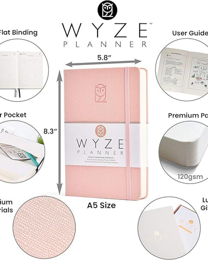 Undated Daily Planner – 6-Month A5 Productivity Organizer with Full Page Per Day, Hourly Schedule, Goal Setting, Habit Tracker, Weekly & Monthly Pages – Hardcover Time Management Notebook (Pink)