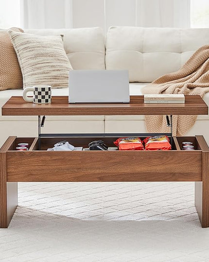 Small Lift Top Coffee Table, Wood Rectangle Coffee Table with Lifting Top and Hidden Storage Compartment, Mid Century Modern Center Tables for Small Space, Living Room, Office (Walnut)