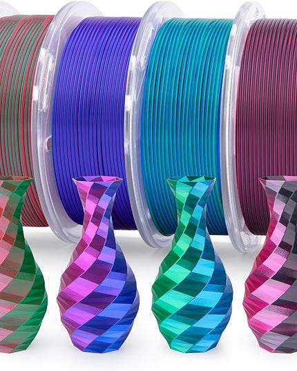 ELEGOO Silk PLA Filament Bundle 1.75mm, Dual Colors 3D Printer Filaments Dimensional Accuracy +/- 0.05mm, Multicolors 4 Pack 250g Spool Green Red/Blue Purple/Black Red/Blue Green