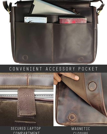 Leather Messenger Bag for Men 16" Full Grain Leather Laptop Bag Vintage Crossbody Office Satchel Travel Shoulder Bag