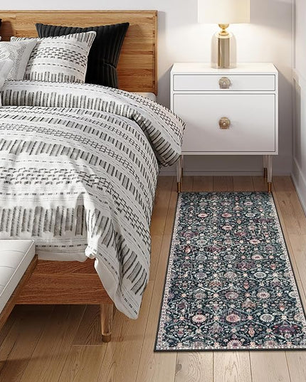 Lahome Moroccan Trellis Kitchen Runner, 2x5 Rug Runners for Hallways Non Slip Laundry Room Rug, Ultra-Thin Washable Vintage Carpet for Bedroom Bathroom, Black/Multi