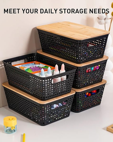 Storage Bins with Lids 8 Packs, Plastic Storage Bins with Bamboo Lids for Pantry Organization and Storage Containers for Shelves Drawers Desktop Closet Playroom Classroom Office Home, Black