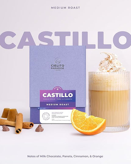 Cielito Paradise Castillo Coffee - Medium Roast Whole Bean from Huila Colombia, Silky with Milk Chocolate, Panela, Cinnamon & Orange, 12oz