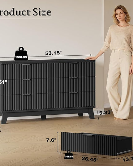 BORNOON 53" Long Dresser for Bedroom, 6-Drawer Dresser with Fluted Fronts, Wide Wood Chest of Drawers, Smooth Metal Slides, Stable Base, Modern Clothes Storage Cabinet for Living Room, Hallway