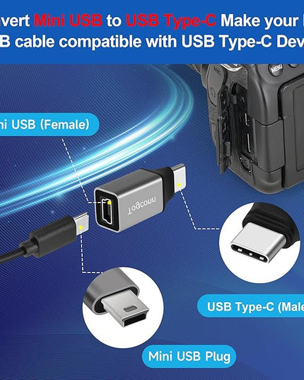 Mini USB to USB C Adapter 2 Pack, Mini USB (Female) to USB Type-C (Male) Converter Connector,Support Charging & Data Transfer Compatible with Samsung Galaxy S10/S9, Note 9/8 and More USB Type-C device
