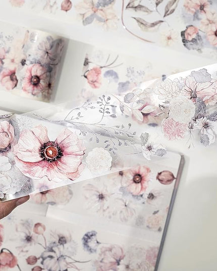 WT Frostbloom Wide PET Tape, Single Roll, Original Floral Designs, Winter Flowers, Clear Transparent Adhesive Tape for Junk Journals, Scrapbooks, Bujo, Planners, DIY Crafts, Art Stationery