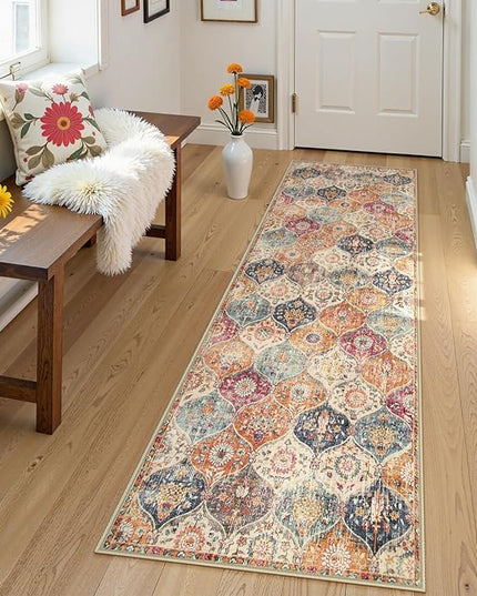 Lahome Moroccan Trellis Washable Runner Rug, 2x6 Kitchen Runners for Hallways 6 Feet Non Slip, Vintage Laundry Room Rug Ultra-Thin Long Carpet for Bathroom Bedroom Entryway, Cream/Multi