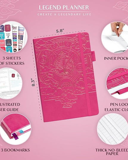 Legend Planner Hourly Schedule Edition – Deluxe Weekly & Daily Organizer with Time Slots. Time Management Appointment Book Journal for Work & Personal Life, Undated, A5 Hardcover – Hot Pink, Gold Foil