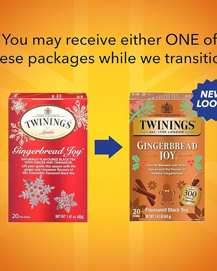 Twinings Gingerbread Joy Black Tea Individually Wrapped Bags, 20 Count (Pack of 3), Ginger & Cinnamon, Caffeinated, Enjoy Hot or Iced | Packaging May Vary