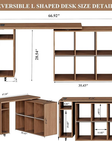 BLANKSPACE L-Shaped Computer Desk with 360° Swivel Desktop & 6 Open Shelves, Corner Desk - Rotating Home Office Desk Yili Walnut
