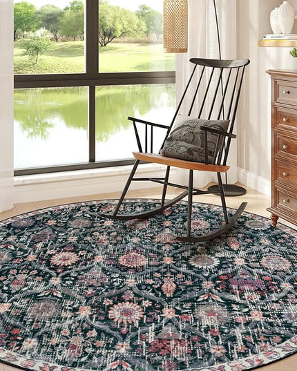 Lahome Moroccan Trellis Washable Round Area Rug, Soft Round Rugs 6ft Ultra-Thin Non-Slip, Vintage Large Circle Carpet for Bedroom Living Room Kitchen Nursery, Black/Multi
