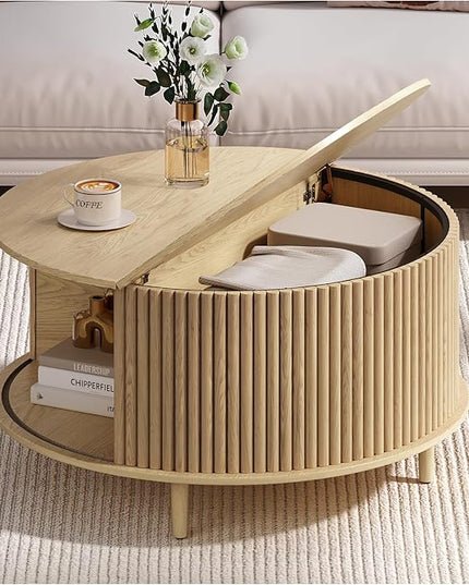 JOINICE,Round Coffee Table with Storage, 31.5" Natural Oak Fluted Center Table with Sliding Door, Modern Circle Drum Table for Living Room, Scandi Wood Furniture for Small Spaces