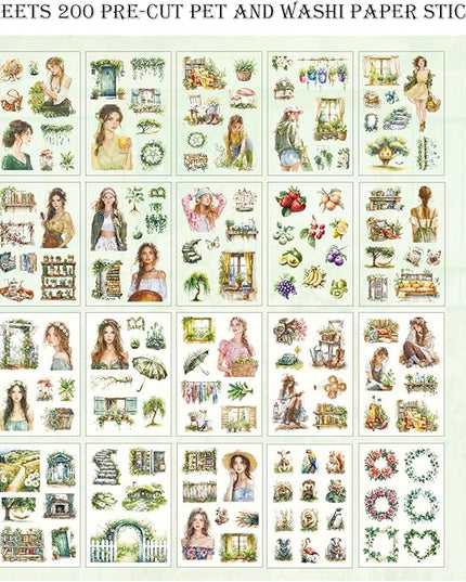 Auguro Scrapbooking Stickers 20 Sheets Pre-Cut 200 washi Stickers PET People Sticker Books for journaling Scrapbook Supplies Transparent Journal Sticker