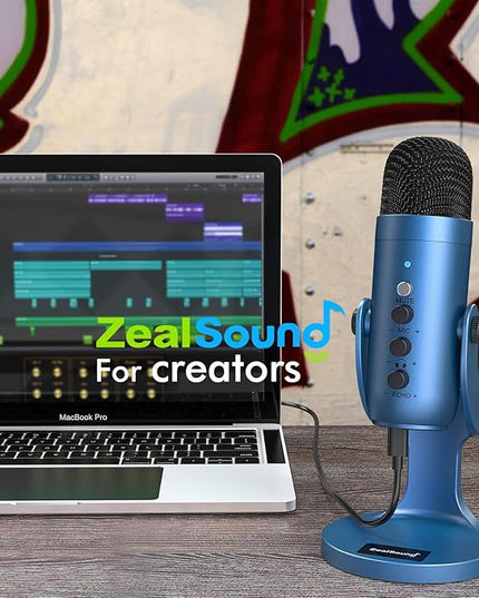 ZealSound Podcast Microphone for PC, Noise Cancellation USB Mic with Gain, Volume Adjustment & Mute Button, Monitoring & Echo, for YouTube, TikTok, Podcasting, Streaming, iPhone, iPad, Android(Blue)