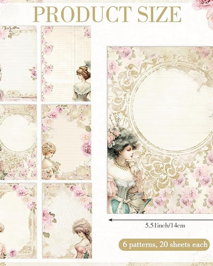 Supervitae 120 Pack Victorian Floral Stationery Paper, 8.27 x 5.51 Inch Double Sided Printing with Rose Border, Vintage Classical Stationery Letter Sheets for Writing Printing Crafts, 6 Designs