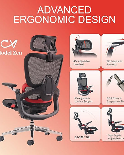 Ergonomic Office Chair, Big and Tall Mesh Computer Gaming Chair with Adaptive Lumbar Support, Work Chair with Headrest, 5D Armrest,90-130°Tilt, BIFMA Certified, Model Zen (Red)