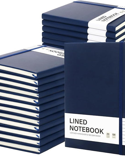 Aodaer 30 Set Lined Notebook Journals with Pens A5 Notebooks 100 GSM College Ruled Hardcover Notebook PU Leather Notepad with Pen Holder for Office School, 5.7 x 8.3 Inches, Navy Blue