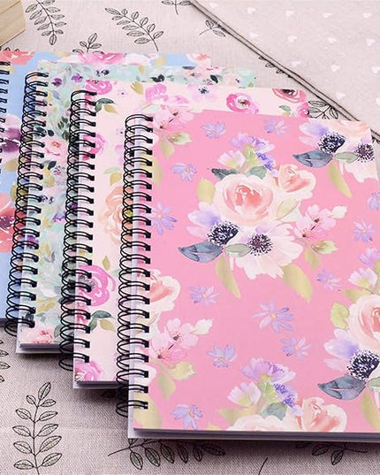 Yansanido Spiral Notebook, 4 Pcs A5 Thick Flower Design Hardcover 8mm Ruled 4 Color 80 Sheets -160 Pages Journals for Study and Notes (flower)