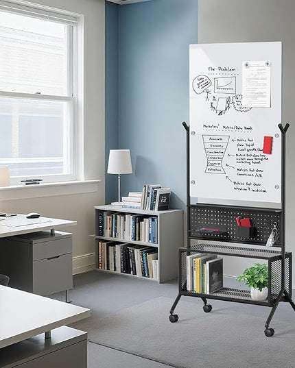 40 x 28 inch Mobile Magnetic Glass Whiteboard, Double-Sided Board with Felt Back and Storage for Office & Classroom, White