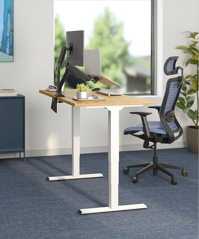 FlexiSpot E6 Bamboo 3-Stage Dual Motor 60 x 30 Electric Standing Desk Sit Stand Up Desk, Holds 220 lbs, Adjustable Height w/ Memory Presets, Solid Bamboo Curved Desktop & White Frame, Ships in 2 Boxes