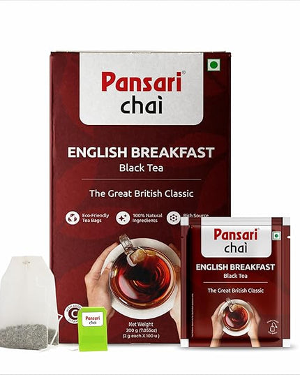 Pansari English Breakfast Tea – 100 Premium Tea Bags Classic Black Tea Blend With Darjeeling Rich Flavour & Medium Strength Perfect Morning Brew 50G Pack