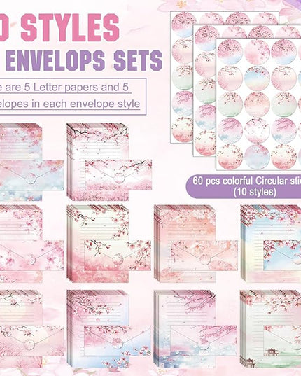 TaoBary 160 Pcs Stationery Paper Set 50 Double Sided Stationery Papers with 50 Matching Envelopes and 60 Round Dot Sticker, 10 Design(Cherry Blossom,8.5 x 11 Inch)